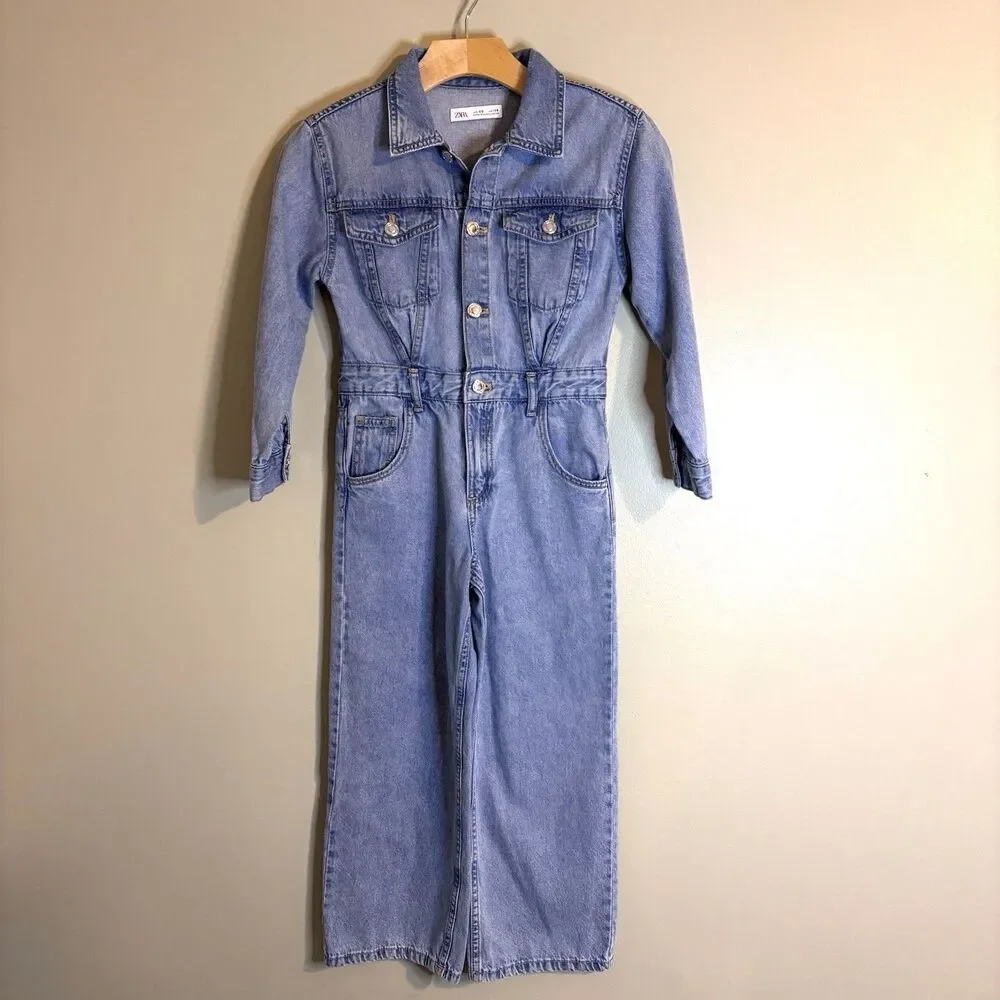 ZARA Girls Sz 9 Denim Blue Jean Utility Jumpsuit Wide Leg Streetwear